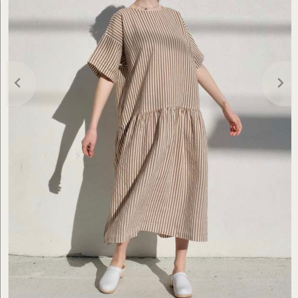 Black Crane, Linen Easy Dress - Thin Stripe, Sz. L NWT